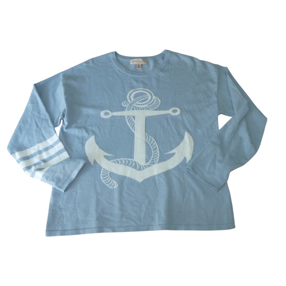 Philosophy Womens Blue Anchor Knit Sweater Size M Pastel Nautical Coastal
